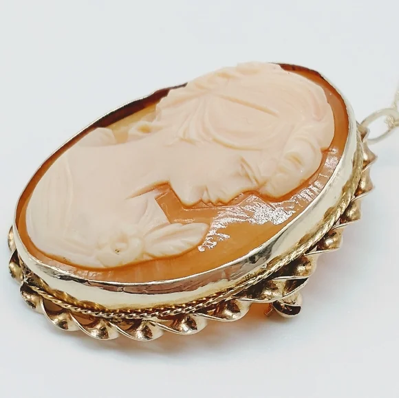 Vintage 14k Carved Shell Cameo Brooch Pendant Necklace - Picture 3 of 9